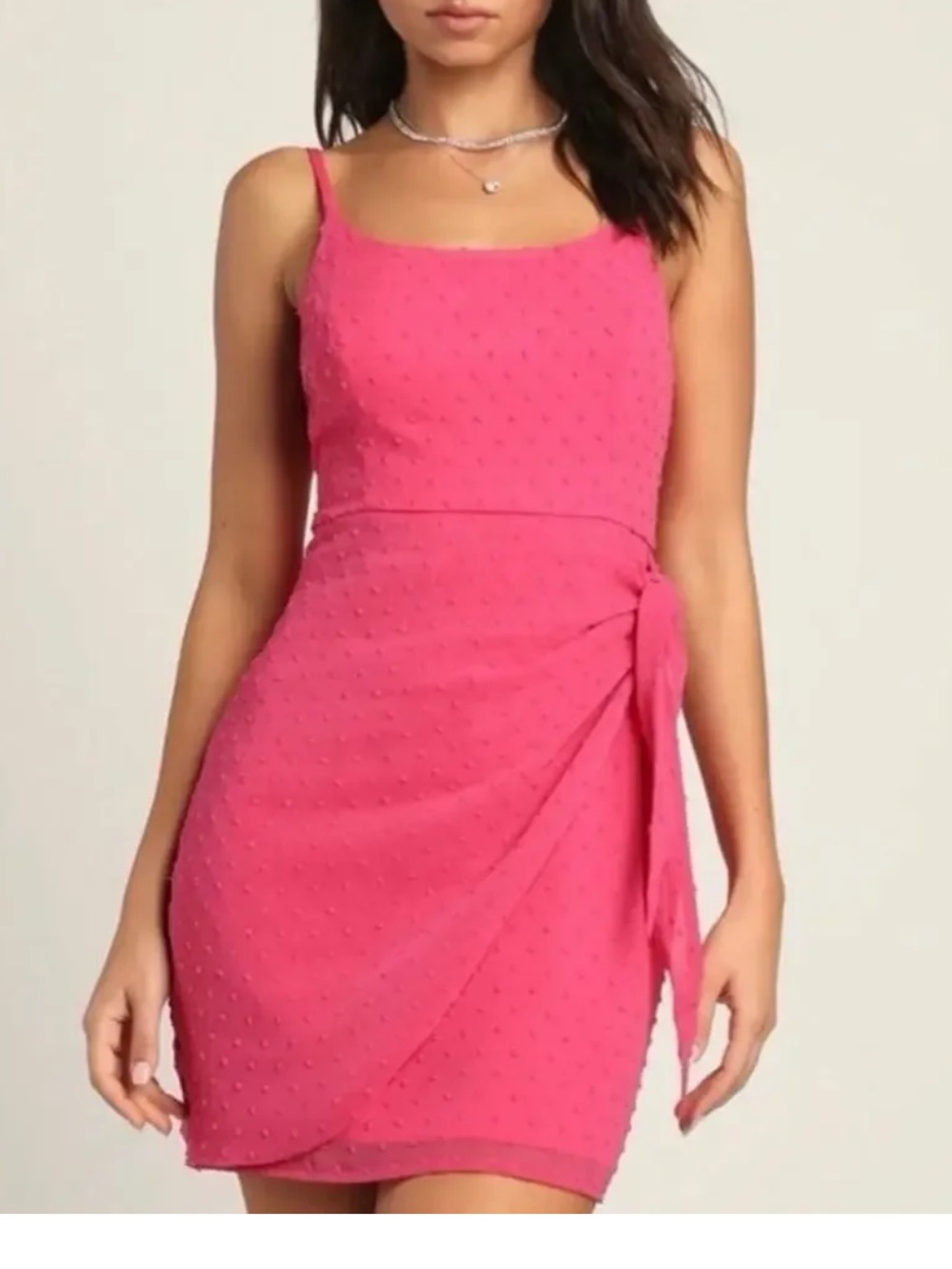 Lulus Hot Pink Swiss Dot Faux Wrap Dress Strappy Sz XS